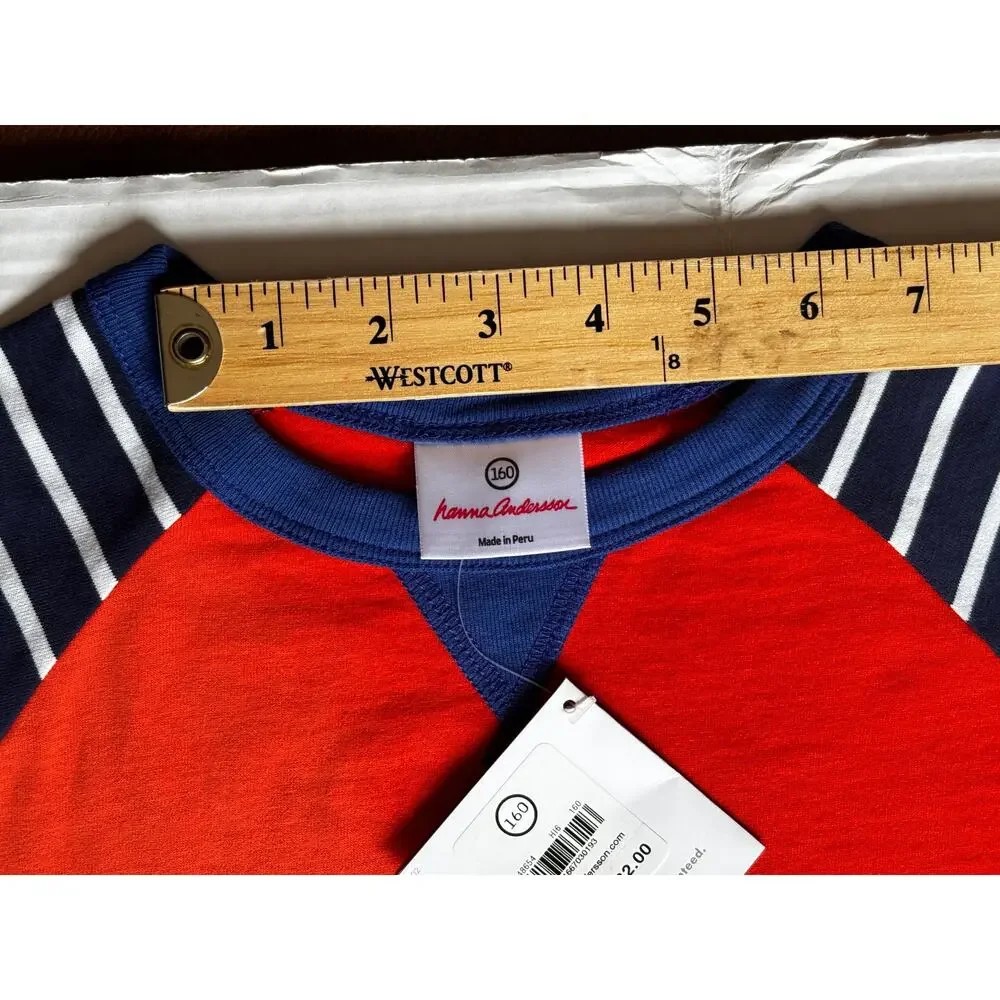 NWT Hanna Andersson Boys 160/US14 Baseball Tee OrangeNavy Stripe RaglanSupersoft